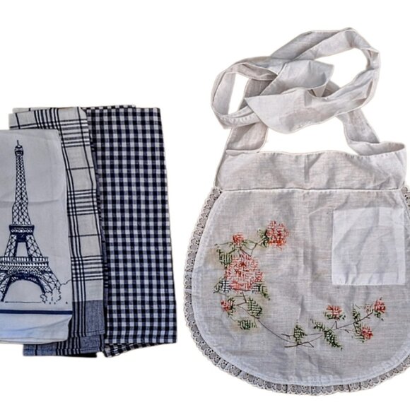 Vintage Cotton Handmade Crossstiched Half Apron w/ 3 Coordinating Kitchen Towels - Picture 1 of 5